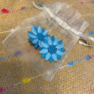 Vintage blue enamel clip-on lever flower earrings